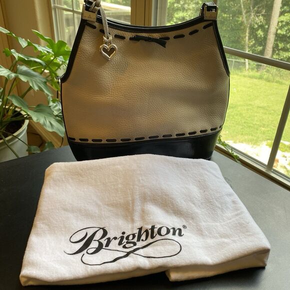Brighton Handbags - Brighton Beige Leather with Black Trim Shoulder Bag Dust Bag Pebbled